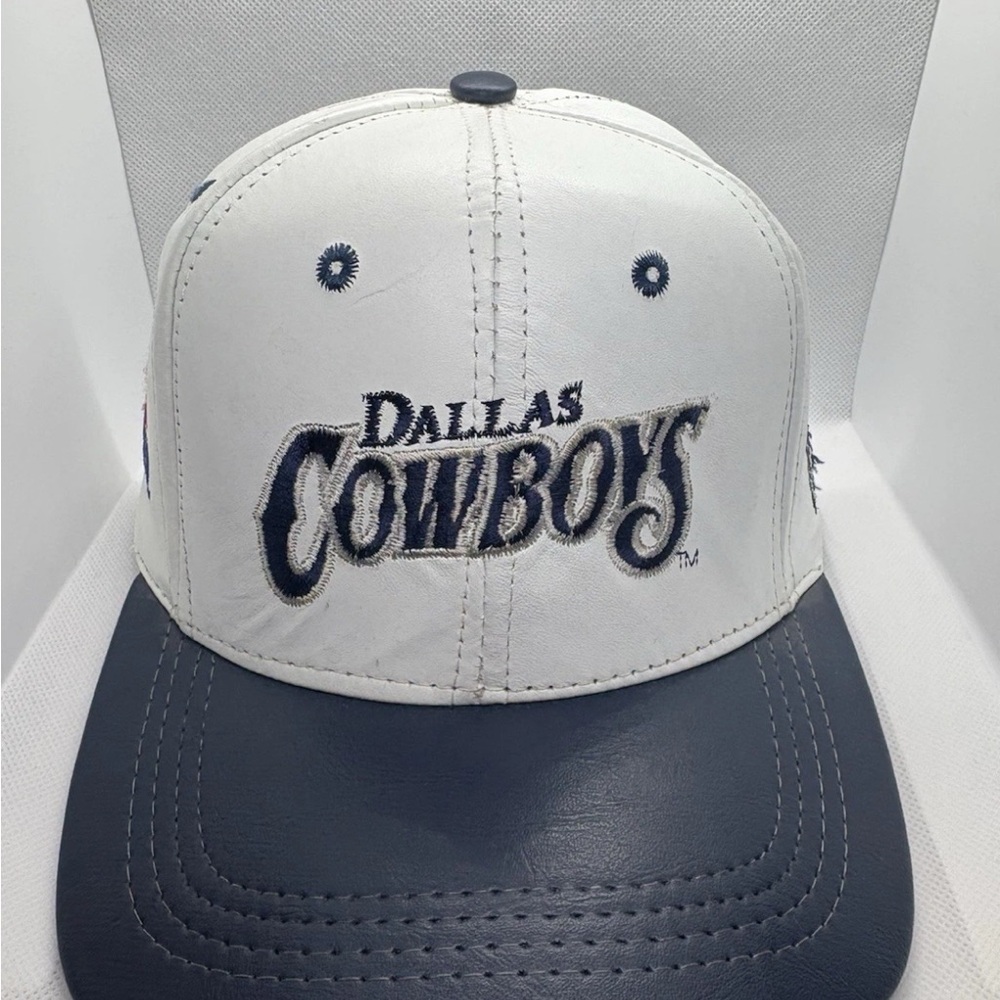 Vintage 90s Leather NFL Dallas Cowboys White and Blue SnapBack Hat